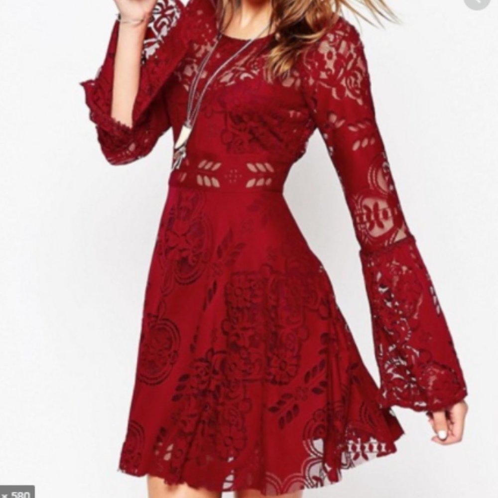 NEW❤️Free People Lovers Red Folk Song Lace Dress
